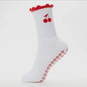 Lisa Maree Pilates White Grip Socks w Red Cherry One Size Design & Fun Saying..